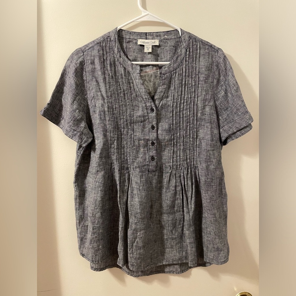 NWOT Coldwater Creek 100% Linen Pintuck Blouse in Chambray Color Sz PM